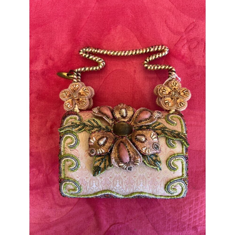 Mary Frances Beaded Floral Handbag With Intricate Embroidery Pink & Green Accent - Picture 4 of 16